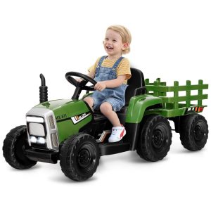 Trator Elétrico Infantil 2 em 1 com Reboque Controle Remoto Câmbio de 3 Marchas Música USB e Bluetooth 12V Olakids Verde Escuro