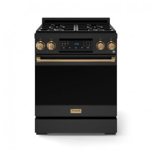 Fogão a gás GLP profissional 76cm Thor Kitchen Gordon Ramsay preto/bronze painel touch basculante convecção grelha contínua 129L 110V