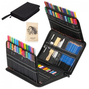 Kit de lápis de desenho 144 peças KALOUR com 120 lápis de cor sketch kit 24 peças bloco para esboço e estojo com zíper
