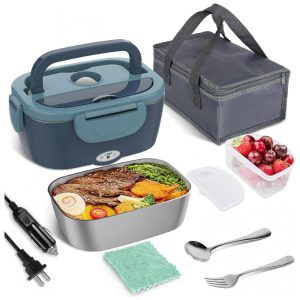 Marmita Elétrica Portátil 15L com Garfo Colher e Bolsa para Transporte 12V 1110V 60W Vabaso Azul Escuro