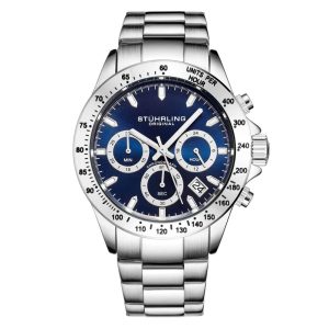 Relgio Crongrafo ltima 3960 de 42mm com Mostrador Azul e Pulseira de Ao Inoxidvel Prateado - Stuhrling
