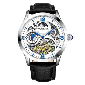 Relgio Stuhrling Reserva Especial 3921 Automtico 44mm Mostrador Branco Pulseira de Couro Preto Fivela Tang Prata