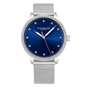 Relgio Stuhrling Dorset 3904 38mm com mostrador azul e pulseira em ao inoxidvel prateado.