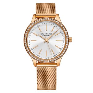 Relgio Stuhrling Eleganza 4044 35mm Mostrador Prateado Pulseira Ouro Rosa