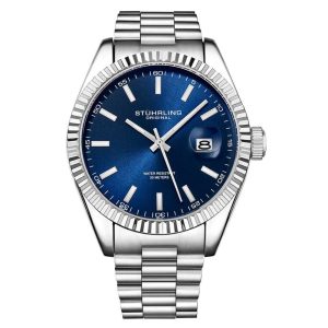 Relgio Stuhrling Lineage 3935 Clssico 42mm Mostrador Azul e Pulseira de Ao Inoxidvel Prata