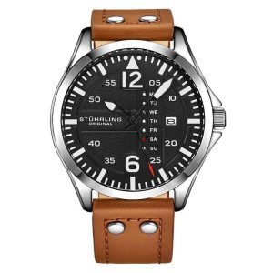 Relgio Aeronaut 3916 Aviador 43mm com Mostrador Preto Pulseira de Couro Castanho e Fivela de Prata Tang - Stuhrling