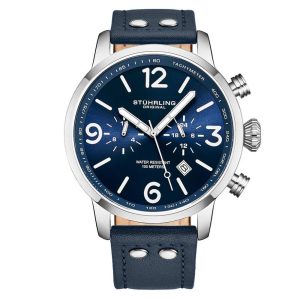 Relgio Stuhrling 3956 Aviador 45mm Mostrador Azul com Pulseira de Couro Azul e Fivela de Prata