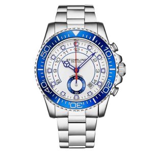 Relgio Masculino Stuhrling Brigadeiro 3966 Moldura Azul Mostrador Branco e Pulseira em Ao Inoxidvel