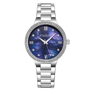 Relgio Stuhrling Carrara 3907 38mm mostrador azul pulseira de ao inoxidvel prateado e fivela de implantao prata