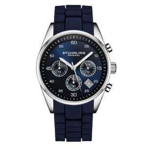 Relógio Chronograph 42mm Mostrador Azul e Prata Pulseira de Silicone Azul Stuhrling.