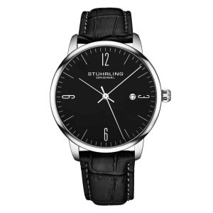 Relgio Stuhrling Classic 3997A 40mm com Mostrador Preto Pulseira de Couro Preto e Caixa em Prata.
