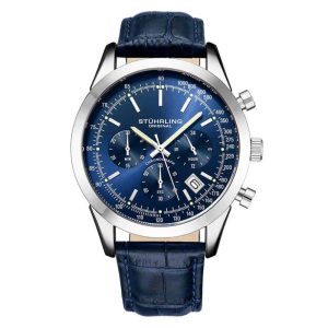 Relgio masculino Rialto 3975L 44mm crongrafo mostrador azul pulseira de couro azul e fivela prateada - Stuhrling.