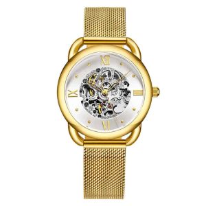 Relgio Stuhrling 3990M Automtico 36mm Mostrador Prateado Pulseira de Ao Inoxidvel Dourada com Fivela Dobrvel em Camadas de Ouro