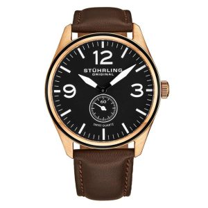 Relgio Aviador 931 42mm Mostrador Preto e Rosa Pulseira de Couro Marrom - Stuhrling