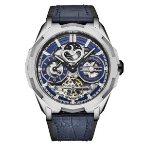 Navegador Automático Dual Time 46mm com Mostrador e Pulseira Azul e Moldura Prateada da Stuhrling.