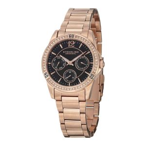 Relógio feminino Marina 914 com mostrador preto e pulseira de aço inox rosa. Elegante e sofisticado.