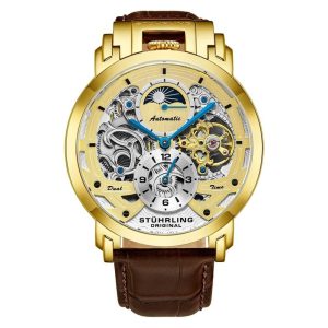 Relgio Automtico Menai 906 Mostrador Dourado 47mm Pulseira de Couro Marrom com Fivela em Camadas Douradas - Stuhrling.