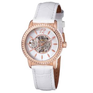 Relógio Delphi 856 Automático com pulseira de couro branco e mostrador prateado de 34mm - Stuhrling