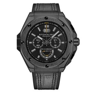 Relógio APO Chrono X 1018 44mm com pulseira e mostrador pretos e moldura preta - Stuhrling.