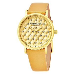 Relógio feminino Audrey 799 com pulseira de couro dourada e mostrador dourado de 32mm - Stuhrling.