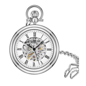 Relgio de bolso Stuhrling Vintage 6053 Handwind 47mm mostrador branco e prata em ao inoxidvel