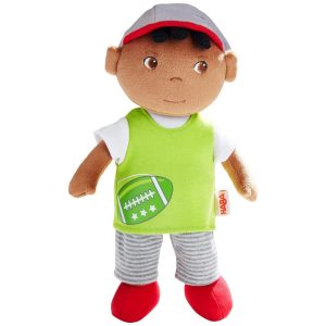 Boneco de Pano HABA Mason  Menino com Cabelo Preto Macio e Acolhedor. Presente Ideal para Crianças a Partir de 6 Meses
