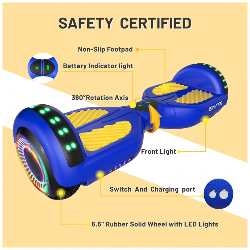 Hoverboard SIMATE Azul Amarelo All Terrain com Bluetooth, Luzes de LED e Controle por Aplicativo – Crianças e Adultos - Imagem 4