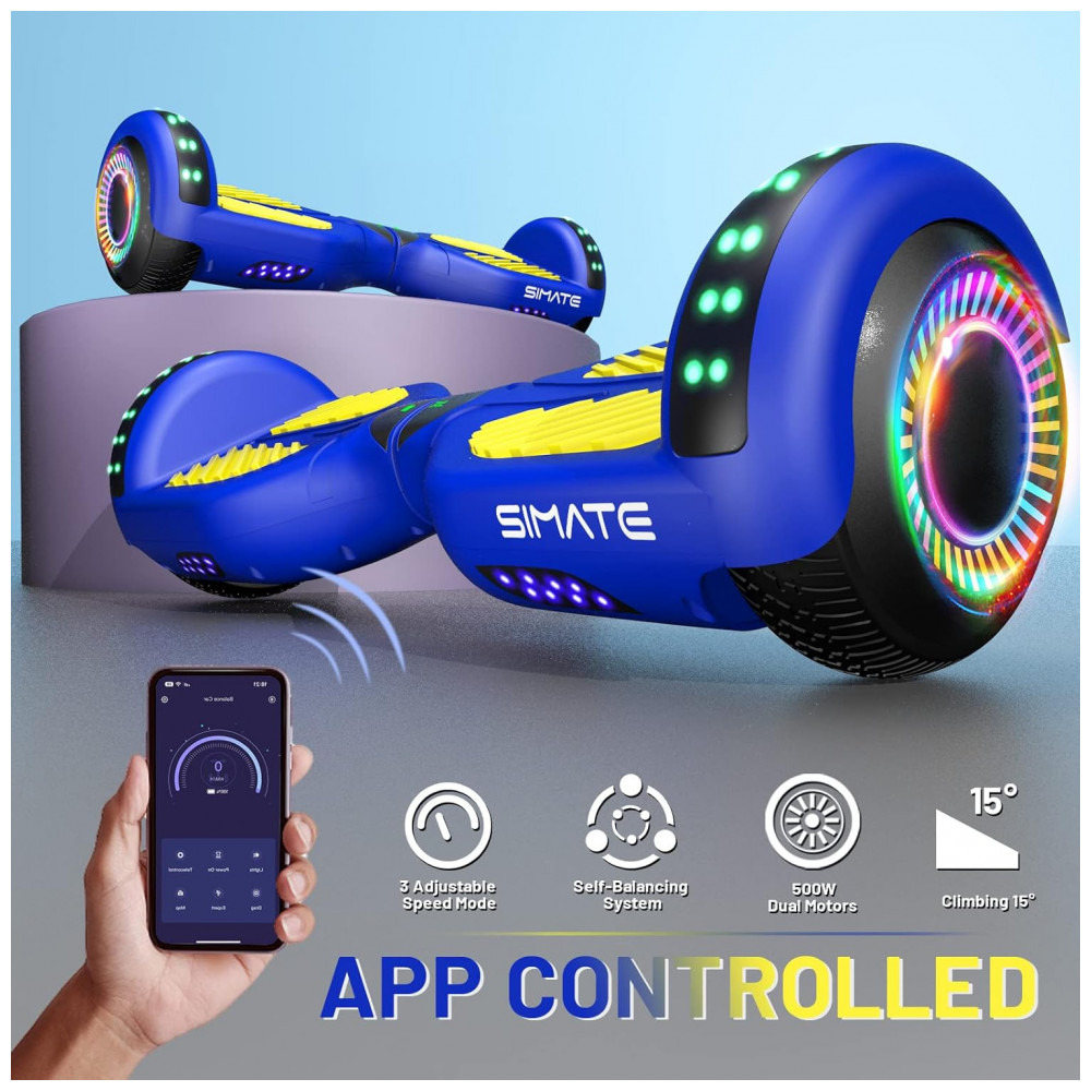 Hoverboard SIMATE Azul Amarelo All Terrain com Bluetooth, Luzes de LED e Controle por Aplicativo – Crianças e Adultos - Imagem 5