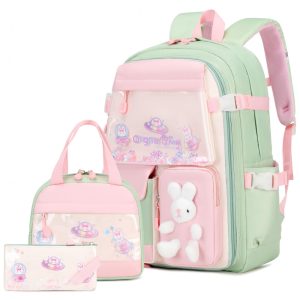 Mochila escolar infantil FIXITOK coelho kawaii 3 peças com lancheira térmica e estojo nylon impermeável verde e rosa