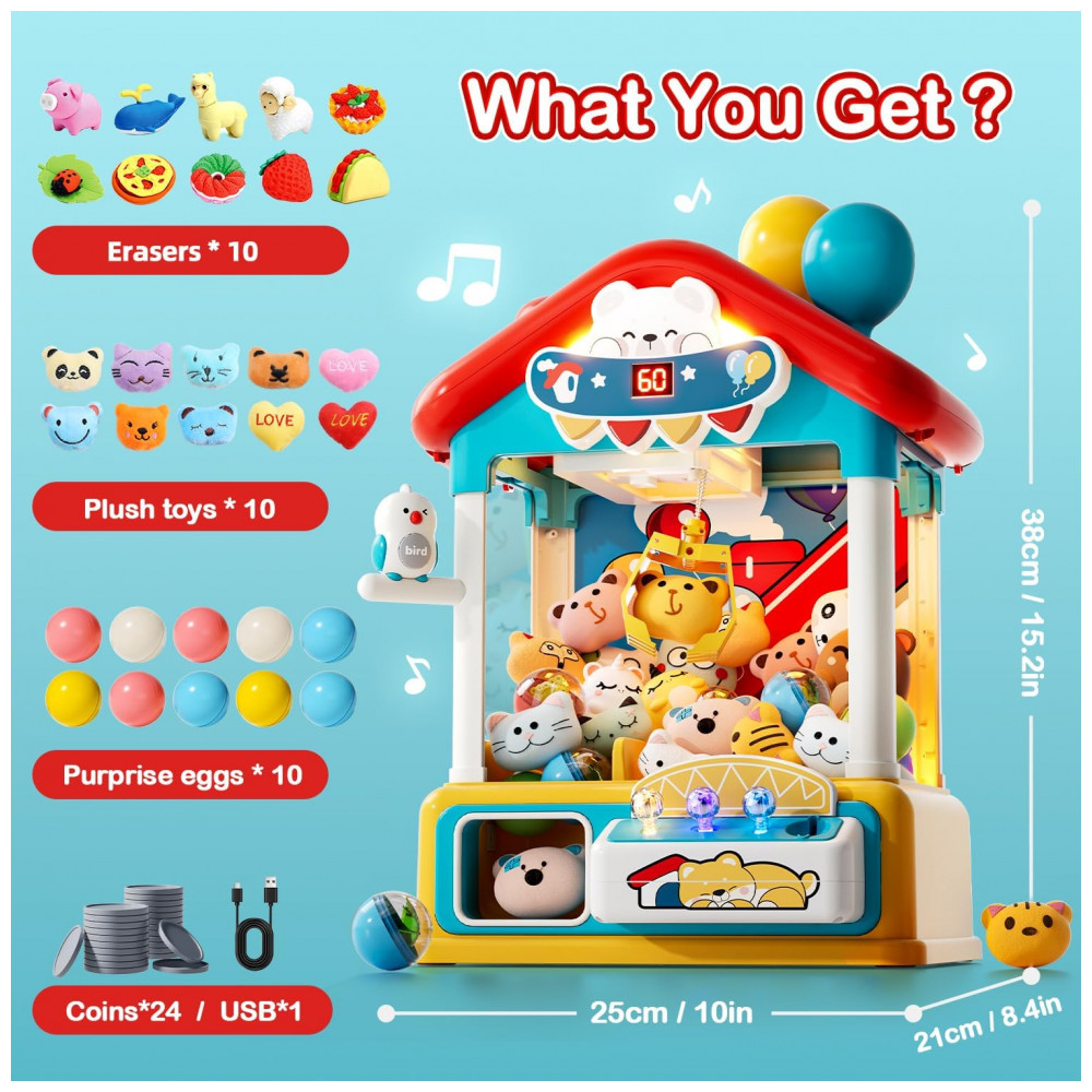 Máquina de Garra Skirfy – Mini Arcade Infantil com 10 Pelúcias, 10 Ovos Surpresa, 10 Mini Brinquedos, Moedas, Luzes e Som - Imagem 2