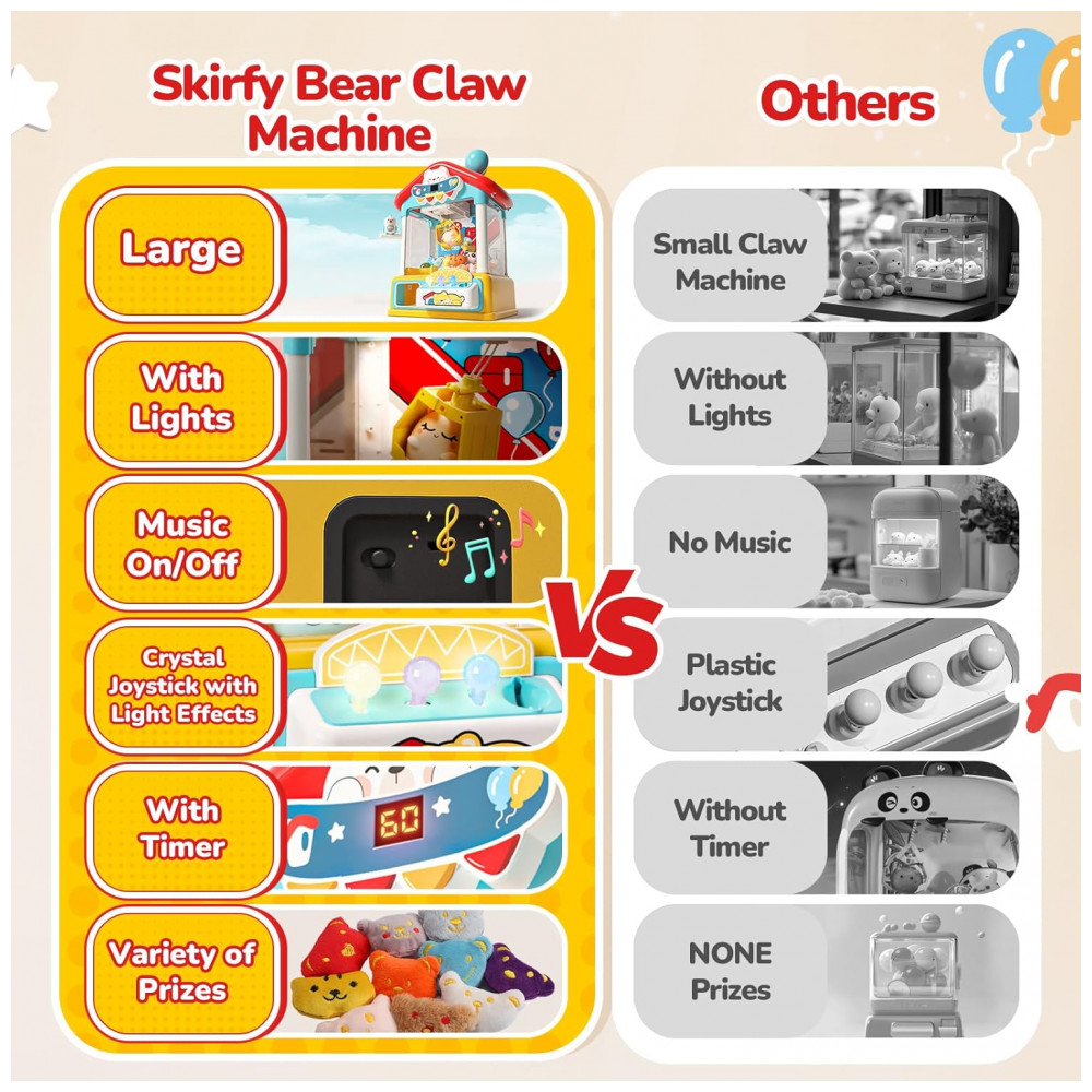 Máquina de Garra Skirfy – Mini Arcade Infantil com 10 Pelúcias, 10 Ovos Surpresa, 10 Mini Brinquedos, Moedas, Luzes e Som - Imagem 3