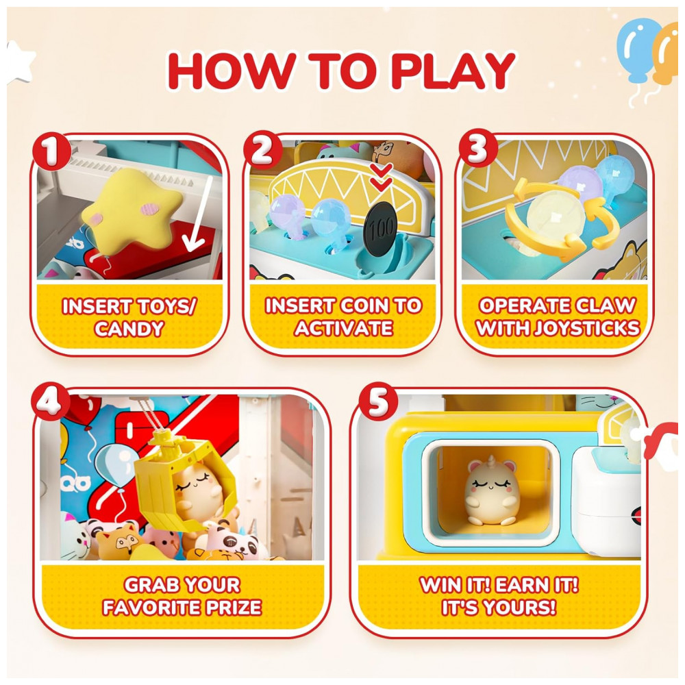 Máquina de Garra Skirfy – Mini Arcade Infantil com 10 Pelúcias, 10 Ovos Surpresa, 10 Mini Brinquedos, Moedas, Luzes e Som - Imagem 4