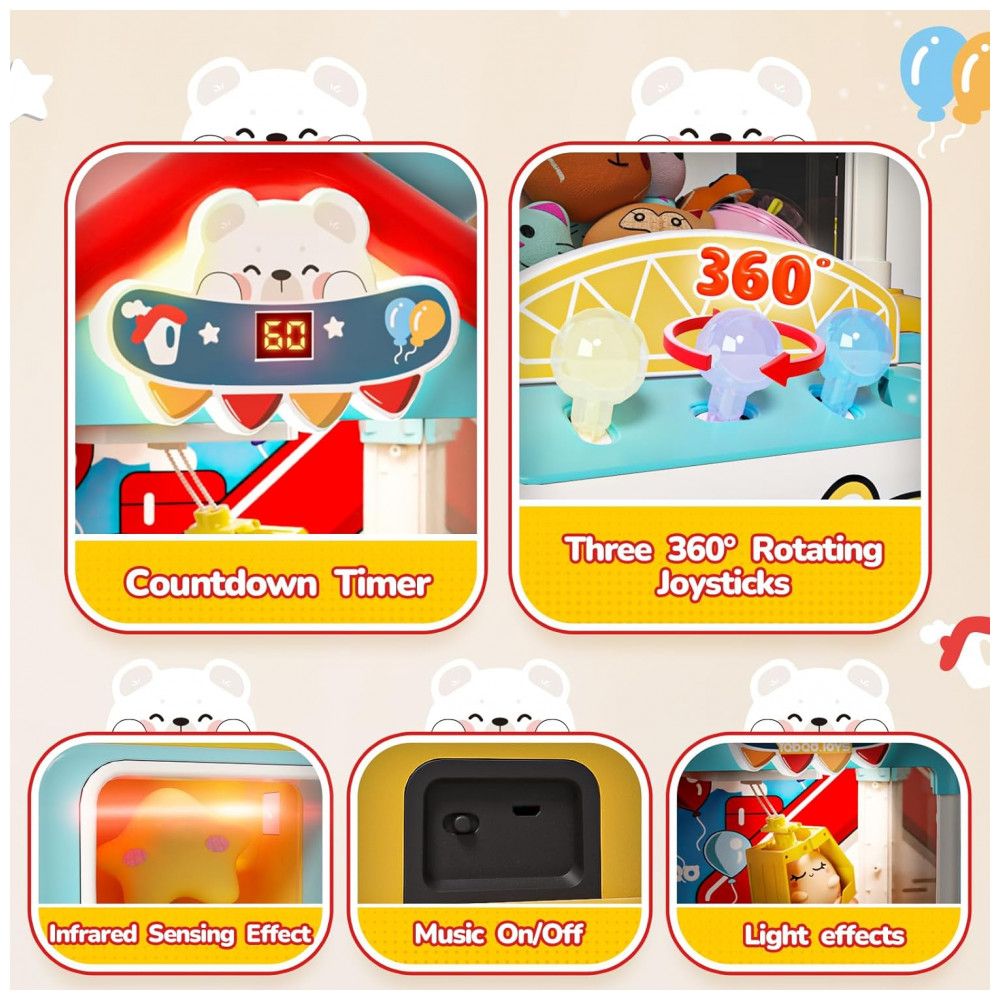 Máquina de Garra Skirfy – Mini Arcade Infantil com 10 Pelúcias, 10 Ovos Surpresa, 10 Mini Brinquedos, Moedas, Luzes e Som - Imagem 5