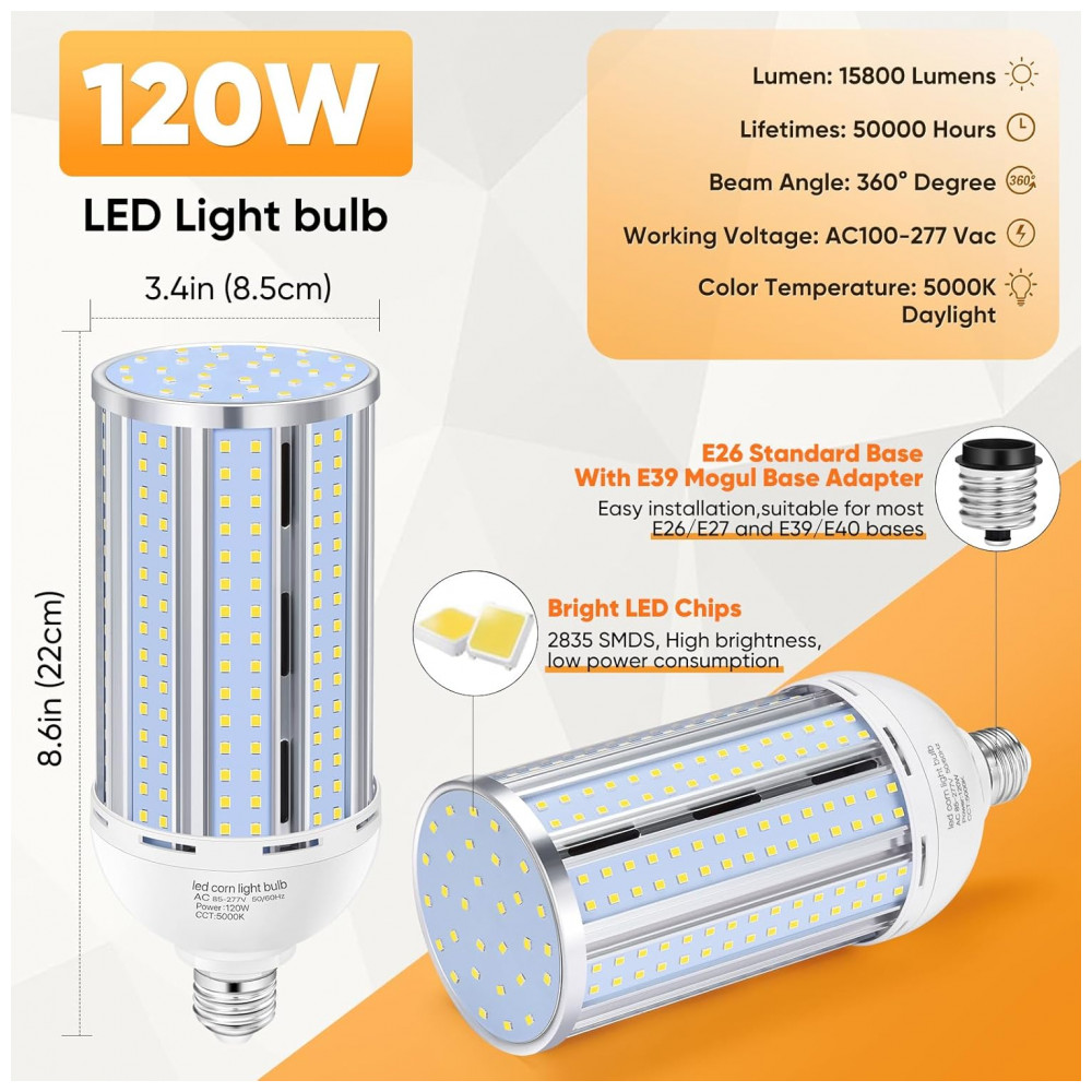Lâmpada LED Corn 120W (3 un), 15.800LM, 5000K,fanless, base E26/E39, ideal para garagem,galpão, fábrica, oficina e área externa, XYCN. - Imagem 3