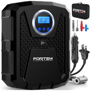Compressor de Ar com Fio Portátil 150 PSI Recarregável com Tela LED e Desligamento Automático 110V FORTEM Preto