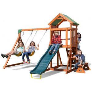 Conjunto de Balanços de Madeira Sportspower Scottsdale Verde 2 Balanços Ajustáveis Escorregador 152 m Caixa de Areia Deck Coberto Capacidade 363 kg