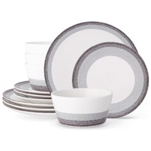 Aparelho de Jantar para Todas as Ocasiões com 12 Peças Formato Redondo e Material de Porcelana Noritake G038-12E Cinza e Branco