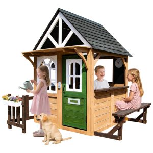 Casa de Brincar Infantil YOFE Playhouse de Madeira c/ Cozinha Cerca Banco Porta p/ Cachorro Campainha Vaso de Flores - Diversão no Quintal