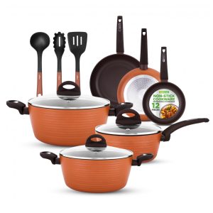 Conjunto de Panelas e Frigideiras Antiaderentes em Alumínio com Utensílios 12 Peças NutriChef NCCW12BRW Marrom