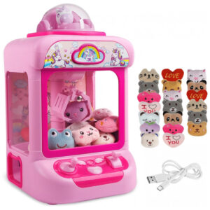 Máquina de Garra Unicornio TingingYuli Rosa Mini Arcade Eletrônica com 20 Pelúcias e Dispensador de Doces para Crianças