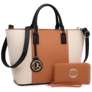 DASEIN Bolsa Feminina de Ombro de Couro Sintético com Carteira Combinando Marrom e Branca