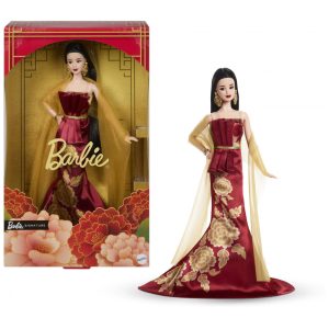 Boneca colecionável Barbie Signature Ano Novo Lunar com vestido vermelho e estampa de peônias douradas 2026