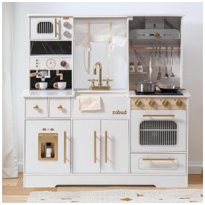 Mini Cozinha Educativa de Madeira ROBUD para Crianças com Máquina de Gelo Cafeteira Forno e Micro-ondas - Conjunto Completo de Utensílios e Armário