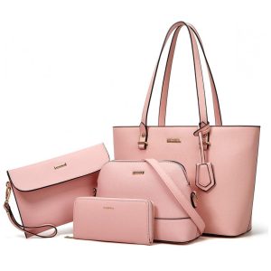 Conjunto de Bolsas Femininas em Couro Sintético 4 Peças com Carteira Lovematch Rosa