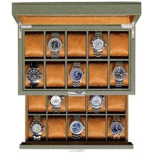 Caixa Estojo de Couro e Tampo de Vidro para Relógios com 20 Compartimentos ROTHWELL Verde e Marrom