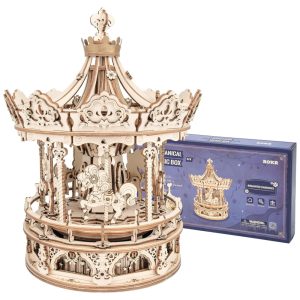 Quebra Cabeças 3D em Madeira para Adultos Tema Caixa de Música Carrossel Infantil com 336 Peças ROKR AMK62 Marrom
