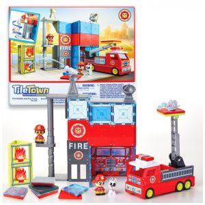Playset Magnético Estação de Bombeiros e Caminhão de Bombeiros com Luzes e Sons Tile Town