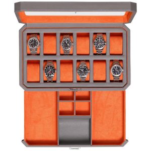 Caixa Estojo de Couro e Visor de Vidro para Relógios com 12 Compartimentos ROTHWELL Cinza e Laranja