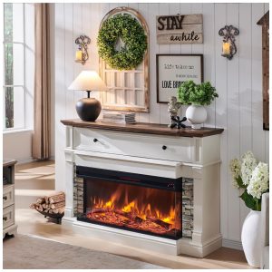 Lareira Elétrica de Embutir A91x132L cm com Inserção de Vidro de 3 Lados e Armario de Armazenamento 110V OKD Branca