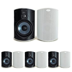 Caixas de som externas Polk Audio Atrium 4 brancas par all‑weather compacto com woofer de 114 cm e suporte Speed‑Lock kit com 4 pares